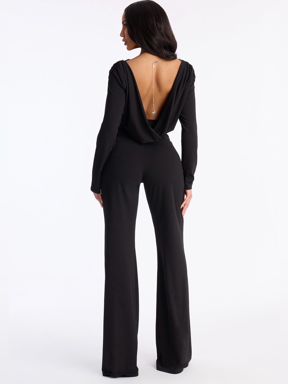Fashion Nova Black Long-Sleeve Ruched Backless Draped Jumpsuit XL - Picture 3 of 4